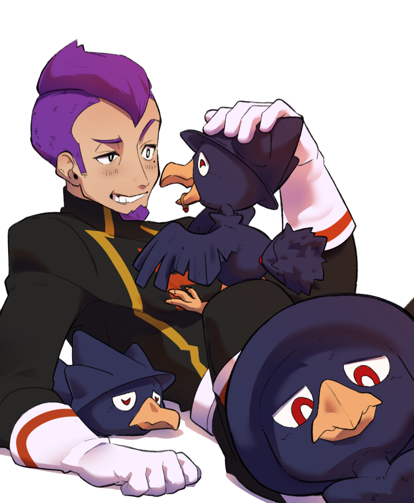 1boy belt bird black_eyes black_jacket blush bright_pupils commentary_request facial_hair gen_2_pokemon gloves hand_up headpat highres jacket looking_at_viewer male_focus murkrow nintendo petrel_(pokemon) pokemon pokemon_(creature) pokemon_hgss purple_hair red_eyes short_hair smile team_rocket team_rocket_uniform undercut wanineko2001 white_belt white_gloves white_pupils