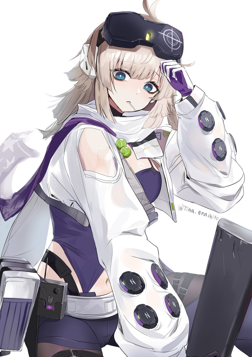 1girl aa-12_(girls&#039;_frontline) blue_eyes blush breasts brown_hair candy_moon777 cleavage commentary_request cropped_jacket expressionless girls&#039;_frontline girls&#039;_frontline_2:_exilium gloves hand_up highres jacket lind_(girls&#039;_frontline_2) lollipop_in_mouth long_hair looking_at_viewer medium_breasts navel purple_shorts short_shorts shorts solo staring white_jacket