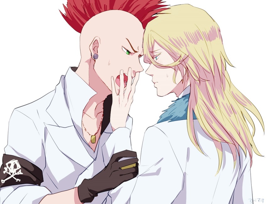 2boys artist_name back bad_id bad_pixiv_id bald bazz-b bleach blonde_hair blue_eyes blush earrings fur_trim gloves green_eyes jewelry jugram_haschwalth long_hair male_focus mohawk multiple_boys necklace open_mouth red_hair ronisuke simple_background teeth upper_body white_background yaoi