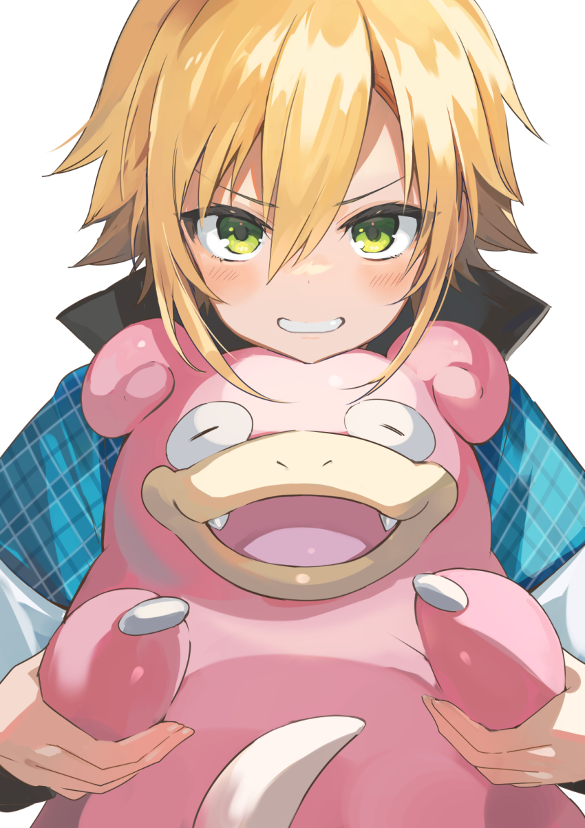 1boy black_undershirt blonde_hair blue_shirt closed_eyes collared_shirt fangs fuubuu gen_1_pokemon green_eyes grin hair_between_eyes highres long_sleeves looking_at_viewer nijisanji nintendo open_mouth parted_lips plaid_clothes plaid_shirt pokemon pokemon_(creature) shirt short_hair short_sleeves simple_background slowpoke smile upper_body uzuki_kou v-shaped_eyebrows virtual_youtuber white_background