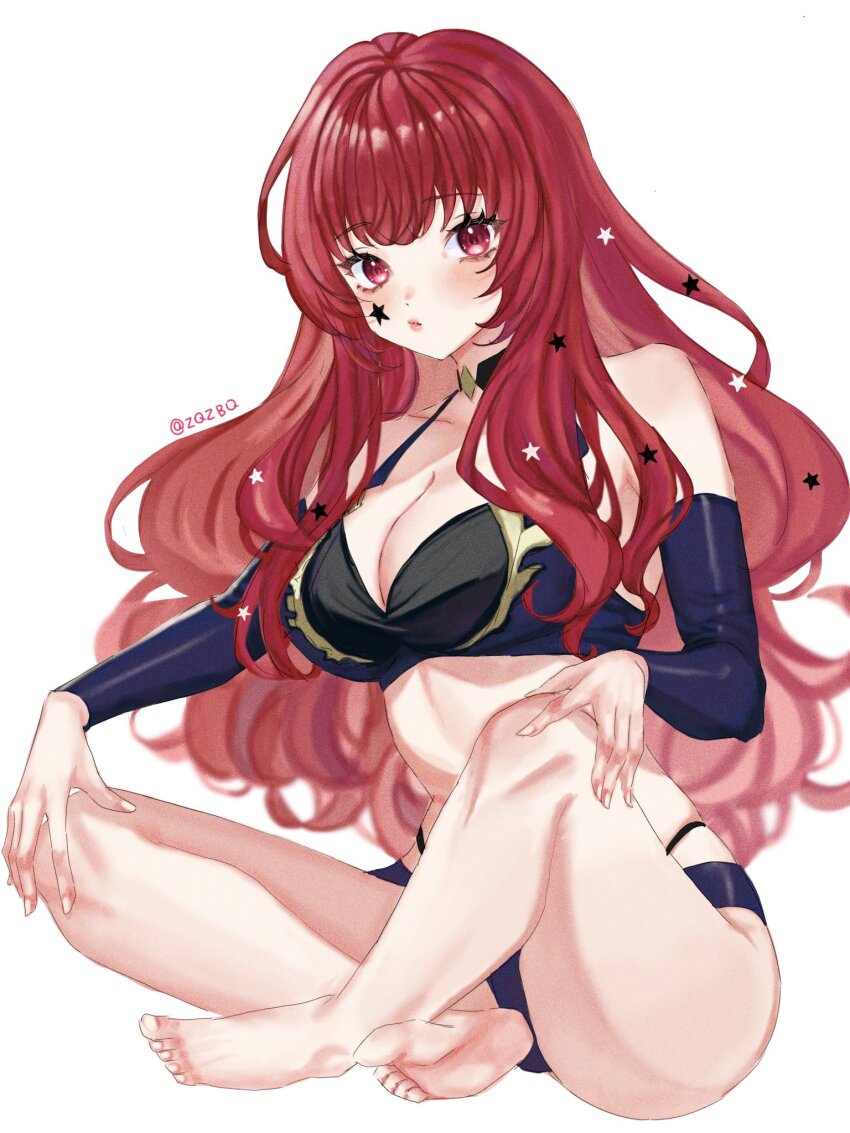 1girl alternate_costume bare_shoulders bikini blue_bikini breasts cleavage crossed_arms detached_sleeves facial_mark fire_emblem fire_emblem_engage hair_ornament highres long_hair looking_at_viewer nintendo red_eyes red_hair sitting solo star_(symbol) star_facial_mark star_hair_ornament swimsuit yunaka_(fire_emblem) zqzbq