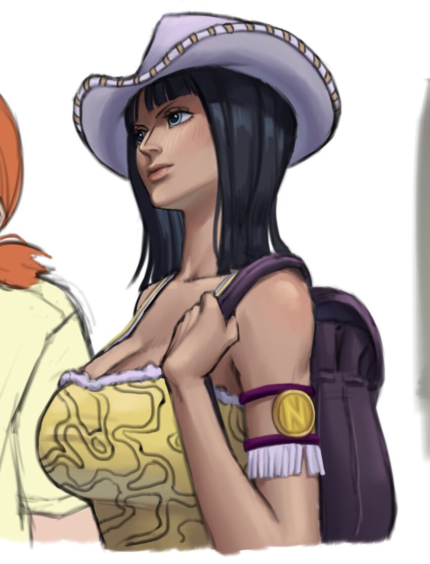 2girls armlet bag bare_shoulders black_hair blue_eyes blunt_bangs breasts commentary cowboy_hat english_commentary hat highres jewelry large_breasts medium_hair multiple_girls mxsdip nami_(one_piece) nami_(one_piece)_(skypiea) nico_robin nico_robin_(skypiea) one_piece shoulder_bag simple_background solo tank_top upper_body white_background white_hat yellow_tank_top