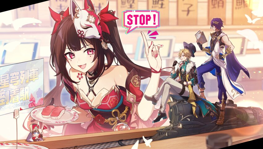 1girl 2boys absurdres aiwo_o_lite aventurine_(honkai:_star_rail) black_gloves black_shirt blonde_hair book breasts brown_hair cleavage crossed_legs dr._ratio_(honkai:_star_rail) dress english_text fedora fingerless_gloves flower_tattoo food fox_mask fur-trimmed_jacket fur_trim gloves hat highres holding holding_book honkai:_star_rail honkai_(series) jacket laurel_crown long_hair makizushi mask mask_on_head missing_commentary multiple_boys official_art pants pom-pom_(honkai:_star_rail) purple_eyes purple_hair purple_pants red_dress red_nails second-party_source shirt short_hair small_breasts sparkle_(honkai:_star_rail) speech_bubble sushi sushiro tattoo train translation_request twintails white_pants
