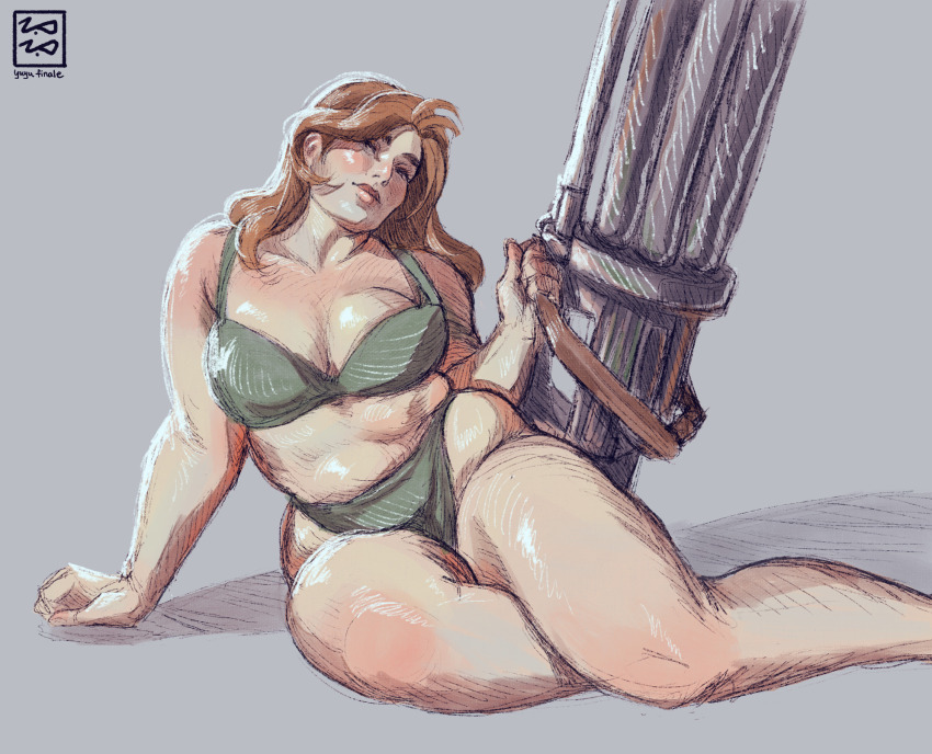 arm_support artist_name bikini blush breasts brown_hair feet_out_of_frame green_bikini grey_background gun highres holding holding_gun holding_weapon large_breasts long_hair looking_at_viewer milly_thompson pinup_(style) plump swimsuit trigun weapon yuyu_finale