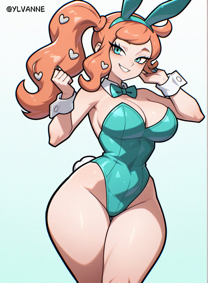 1girl alternate_costume animal_ears bare_shoulders blue_background blue_bow blue_bowtie blue_eyes blush bow bowtie breasts cleavage curvy detached_collar fake_animal_ears fake_tail gradient_background hair_ornament heart heart_hair_ornament highleg highleg_leotard highres large_breasts leotard looking_at_viewer nintendo orange_hair playboy_bunny pokemon pokemon_swsh ponytail rabbit_ears rabbit_tail side_ponytail simple_background smile solo sonia_(pokemon) standing strapless strapless_leotard tail thick_thighs thighs wide_hips wrist_cuffs ylvanne