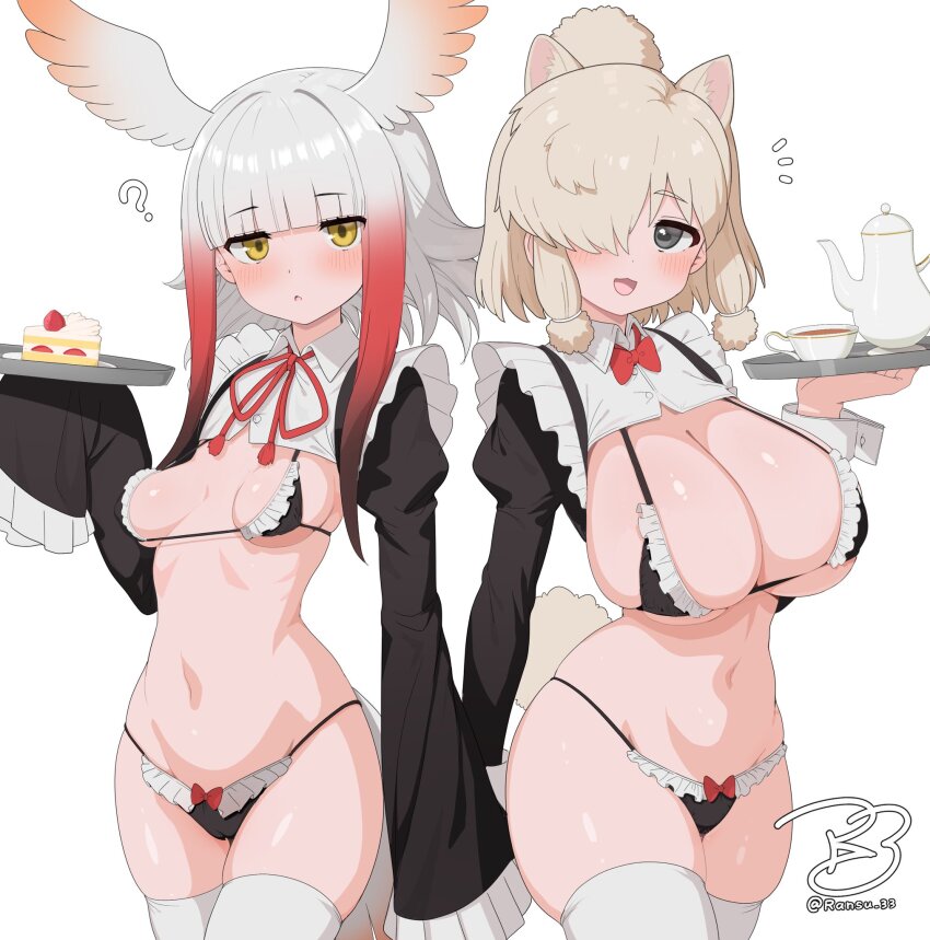 2girls ? alpaca_ears alpaca_girl alpaca_suri_(kemono_friends) alpaca_tail alternate_costume animal_ears bikini bird_tail black_bikini blonde_hair blue_eyes blush breasts cake cleavage cup enmaided food frilled_bikini frills hair_bun hair_over_one_eye head_wings highres holding holding_tray japanese_crested_ibis_(kemono_friends) kemono_friends large_breasts long_sleeves looking_at_viewer maid maid_bikini medium_breasts multicolored_hair multiple_girls navel open_mouth ransusan red_hair short_hair sidelocks skindentation sleeves_past_fingers sleeves_past_wrists smile swimsuit tail thighhighs tray unconventional_maid very_long_sleeves white_hair wings yellow_eyes