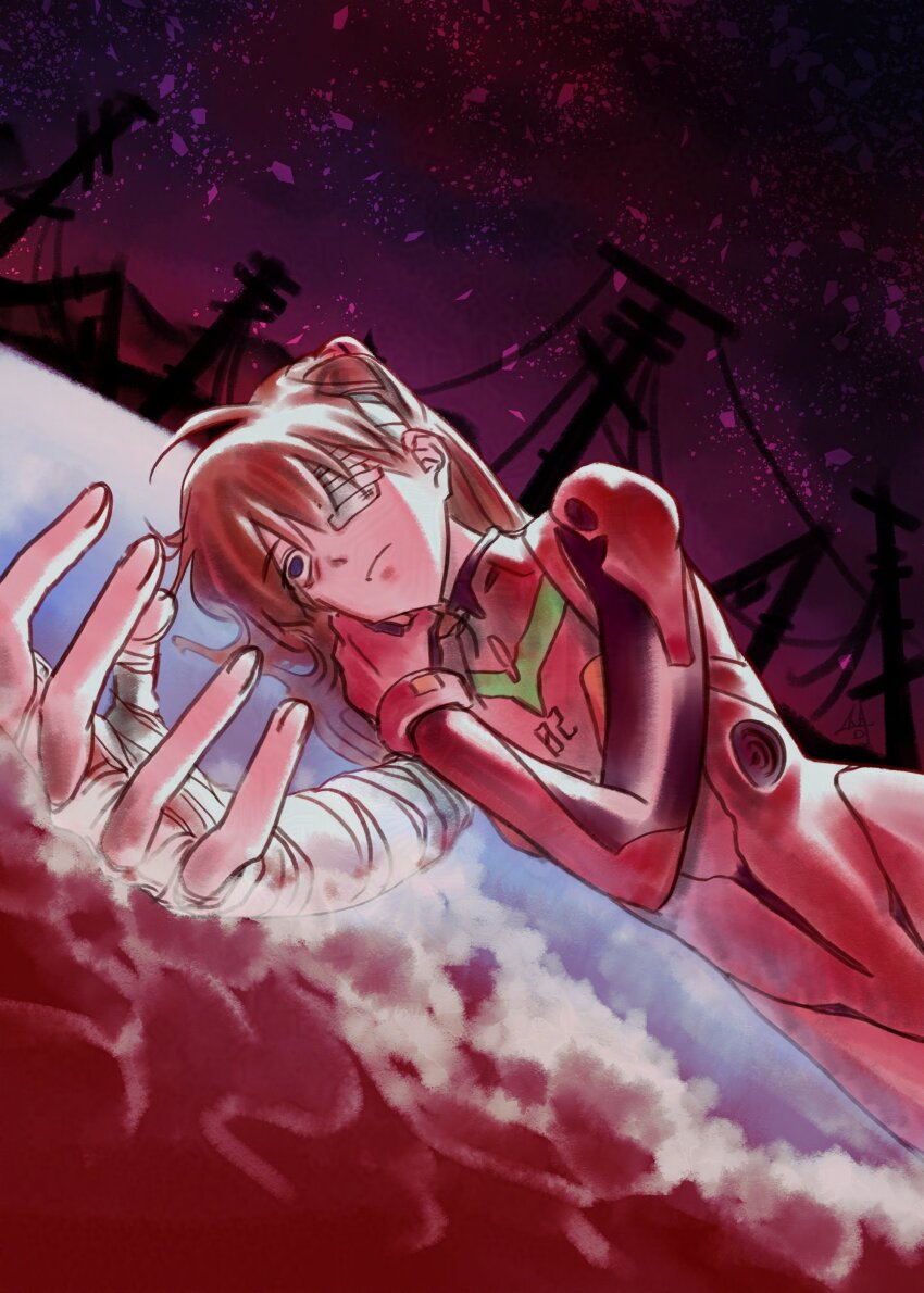 1girl absurdres bandage_over_one_eye bandaged_arm bandages beach blue_eyes bodysuit brown_hair hair_ornament heisdsb highres long_hair looking_at_hand lying mecha_pilot_suit neon_genesis_evangelion ocean on_side one_eye_covered outdoors plugsuit_(evangelion) purple_sky red_ocean red_water sky solo souryuu_asuka_langley surprised the_end_of_evangelion third_impact traumatized utility_pole white_sand wide_hips