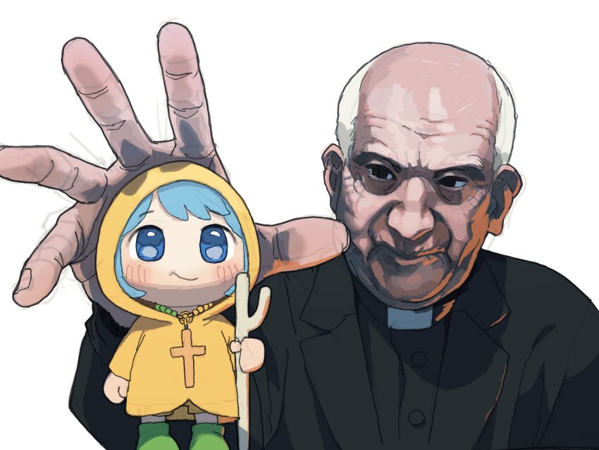 1boy arm_up bald balding black_eyes black_jacket black_shirt character_doll chibi closed_mouth highres jacket jubilee_2025 long_sleeves luce_(jubilee_2025) old old_man outstretched_arm photo-referenced possummachine priest reaching real_life rino_fisichella shirt short_hair simple_background solo spread_fingers very_short_hair white_background white_hair
