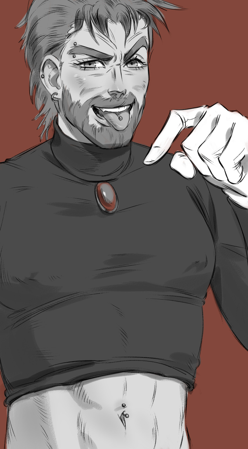 absurdres alternate_piercings beard covered_erect_nipples crop_top eyebrow_piercing face_piercing facial_hair fang gloves highres jojo_no_kimyou_na_bouken joseph_joestar joseph_joestar_(old) male_focus monochrome muscular muscular_male navel_piercing nose nostrils old old_man piercing rosarobot smile stardust_crusaders teeth thick_eyebrows tongue tongue_out tongue_piercing turtleneck