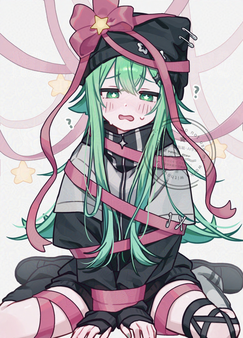 1girl ? absurdres animal_ear_headwear animal_hat arms_between_legs asymmetrical_legwear black_hat black_jacket black_leg_warmers black_shoes black_shorts blush bound cat_hat embarrassed fake_animal_ears green_eyes green_hair hair_between_eyes hair_flaps hat hat_pin highres jacket leg_warmers long_hair long_sleeves looking_down mismatched_legwear multicolored_jacket namin_(anjpzaobmhbppxs) nanase_(namin) open_mouth original own_hands_together paperclip pink_ribbon ribbon shoes shorts sitting sleeves_past_wrists solo star-shaped_pupils star_(symbol) sweat symbol-shaped_pupils tied_up_(nonsexual) two-tone_jacket v_arms very_long_hair wariza watermark white_jacket white_leg_warmers
