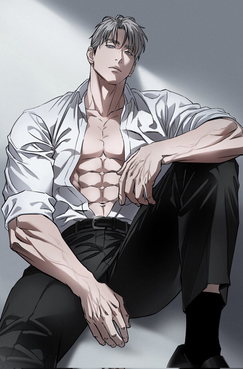 1boy abs arm_on_knee bare_pectorals black_pants black_shoes black_socks chngtj closed_mouth collarbone commentary foot_out_of_frame frown grey_eyes grey_hair highres knee_up looking_at_viewer male_focus navel open_clothes open_shirt original pants pectorals shirt shirt_tucked_in shoes sitting sleeves_rolled_up socks solo veins veiny_arms veiny_hands white_shirt
