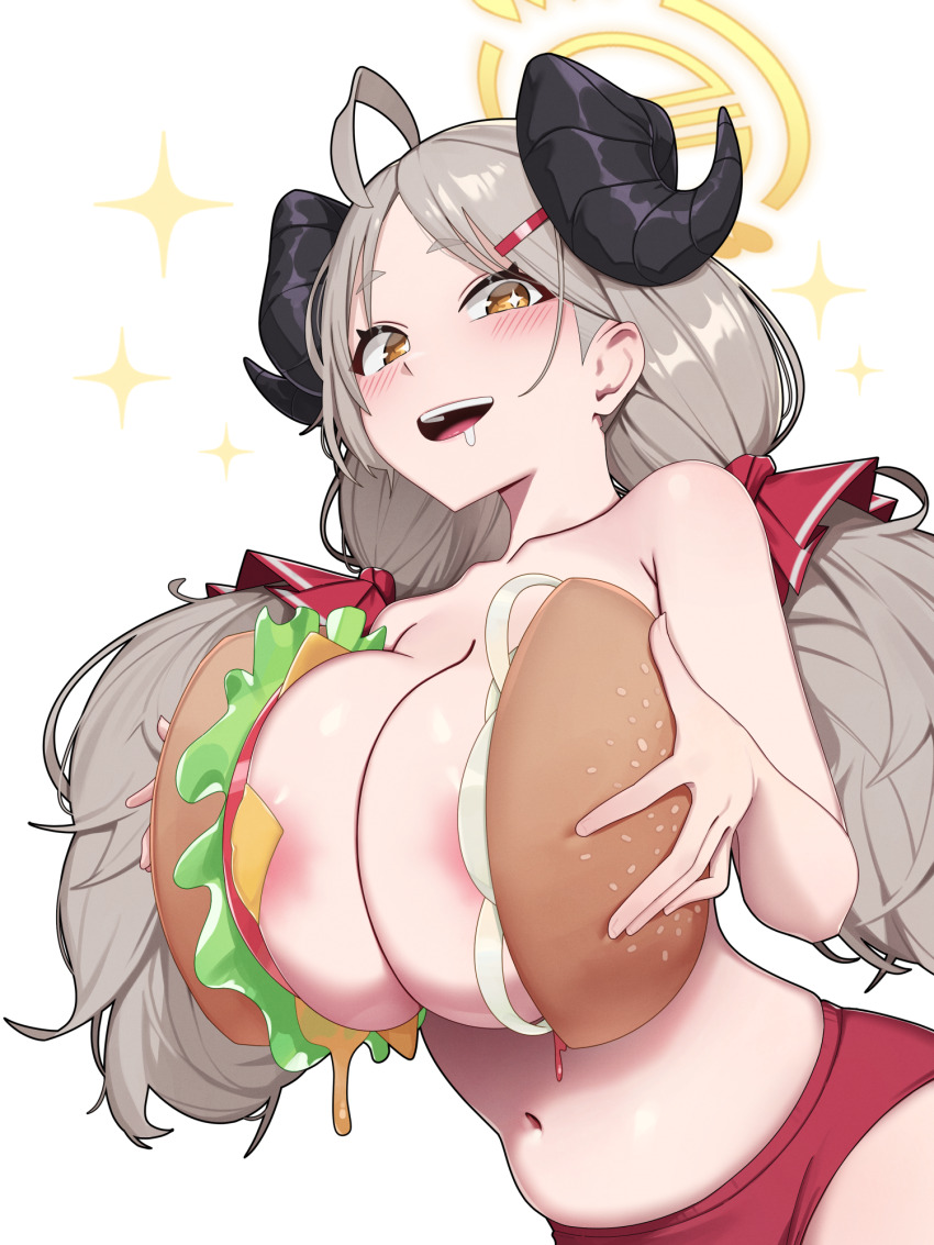 1girl :d arched_back areola_slip bare_shoulders bent_over blue_archive blush bread breasts breasts_squeezed_together brown_eyes buruma cheese cleavage collarbone deep_skin drooling food grey_hair hair_ornament hairclip halo highres horns huge_breasts izumi_(blue_archive) large_breasts long_hair looking_at_viewer navel onion open_mouth paid_reward_available revealing_clothes simple_background smile solo tomato tomato_slice topless_female white_background yzr_(yzr99)