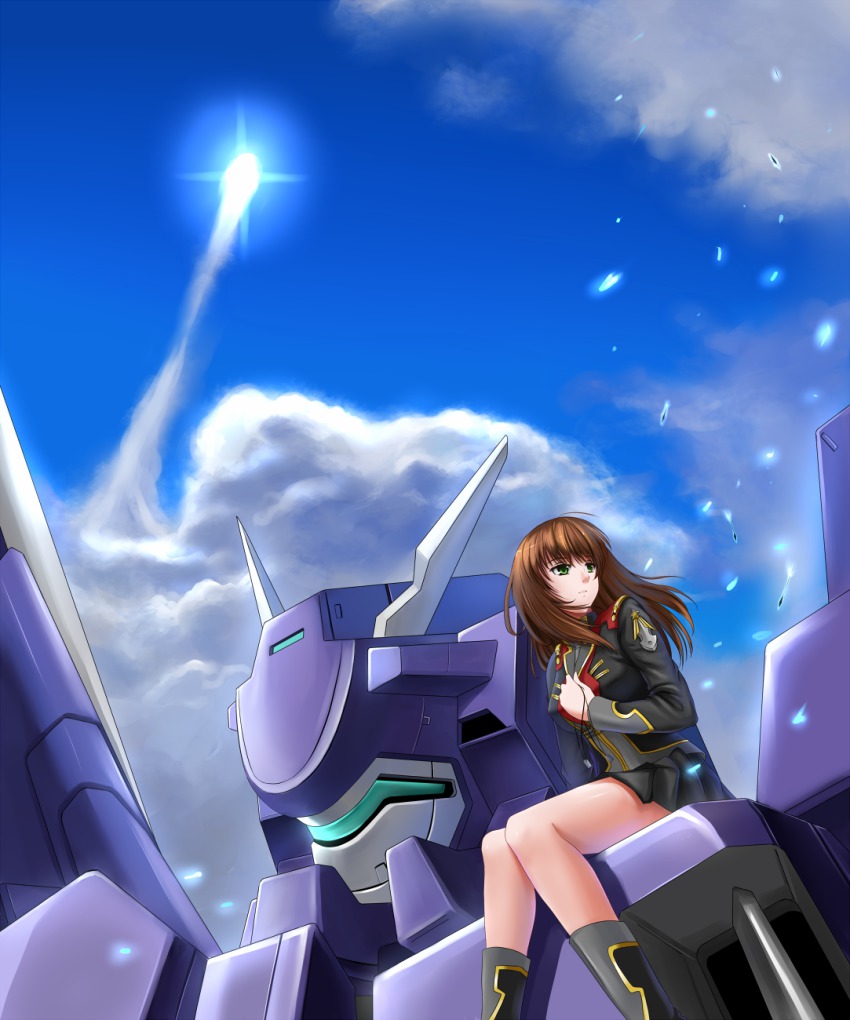 1girl balgora banpresto boots brown_hair cloud day dog_tags green_eyes highres legs long_hair long_legs mecha military military_uniform robot setsuko_ohara super_robot_wars super_robot_wars_z super_robot_wars_z1 thighs wind windtalker