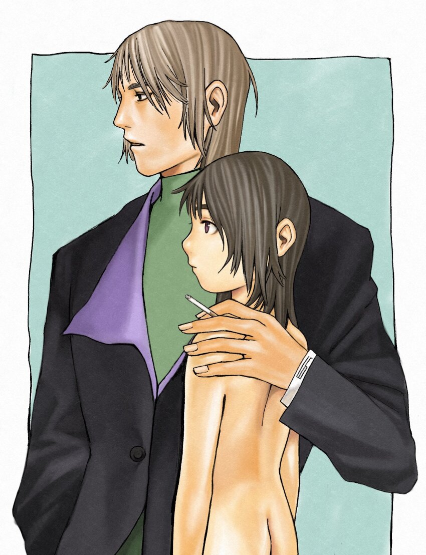 1boy 1girl black_eyes cigarette clothed_male_nude_female expressionless grey_hair hand_on_another&#039;s_shoulder hetero highres jacket kennomou looking_to_the_side medium_hair nude original profile