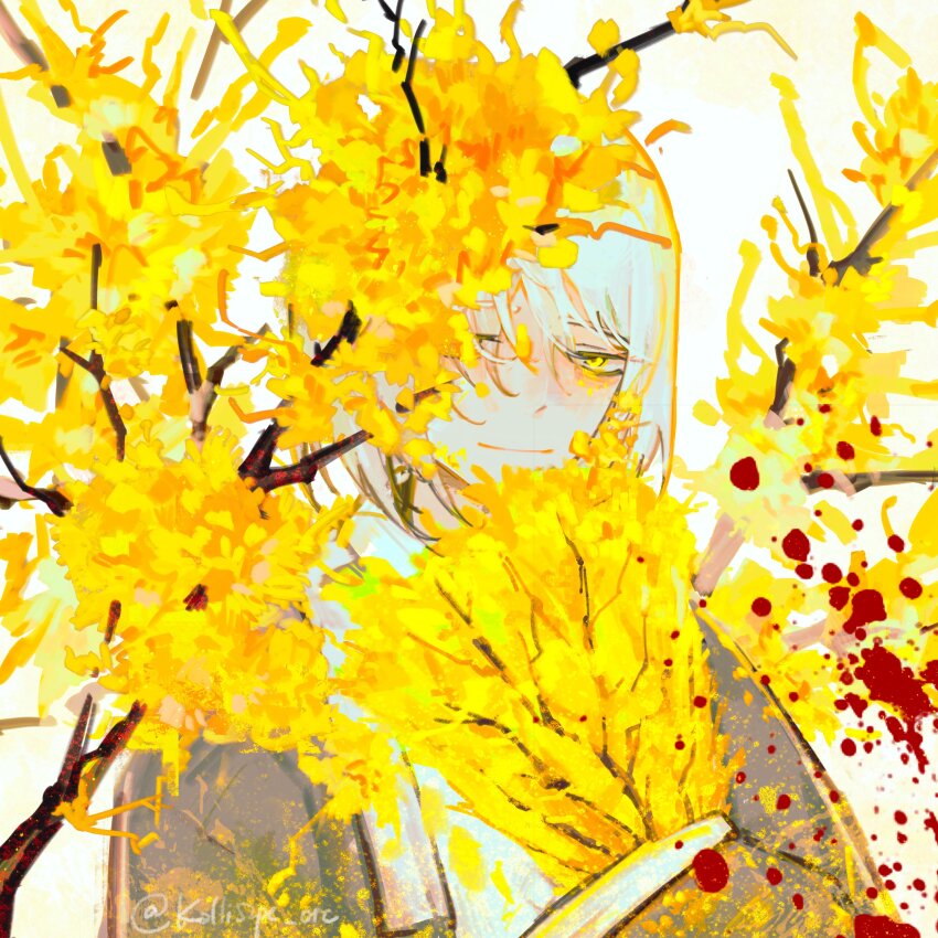 1girl absurdres branch coat dongbaek_(project_moon) e.g.o_(project_moon) flower folding_fan grey_coat hand_fan highres kalliope_orc limbus_company long_sleeves looking_at_viewer plant_wings portrait project_moon short_hair simple_background solo spicebush_(e.g.o) white_background white_hair wide_sleeves wings yellow_eyes yellow_flower