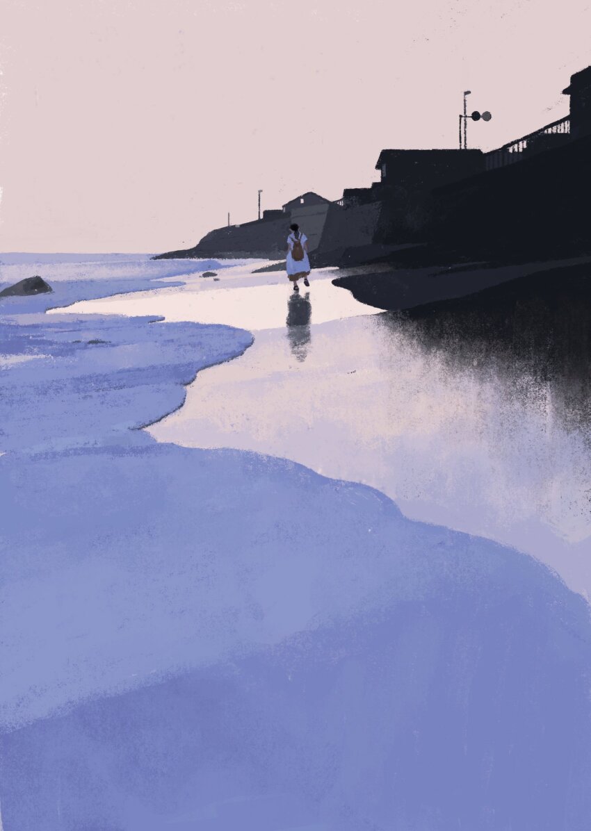 1girl beach day highres house original painting_(medium) photorealistic purple_background rakoshirako realistic shore solo town traditional_media utility_pole water waving