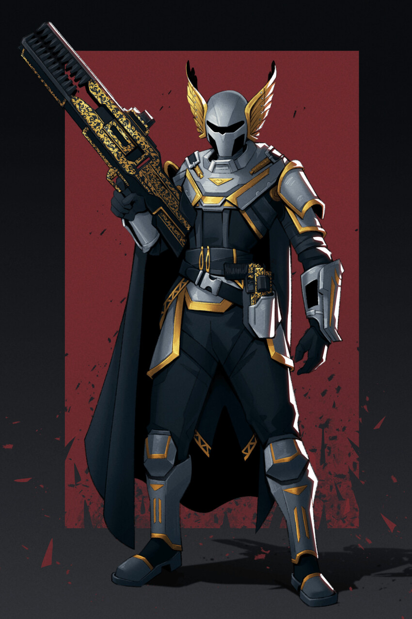 absurdres armor cape engraved_armor gun handgun helldiver_(helldivers) helldivers_(series) helmet highres holding holding_weapon holster isabela_zaneti plate_armor railgun revolver weapon winged_helmet wrist_computer