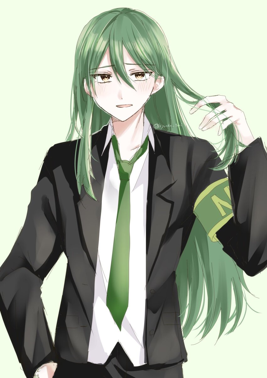 1boy \n/ aegyo_sal arm_up black_coat brown_eyes coat collared_shirt formal_clothes green_background green_hair green_necktie hair_between_eyes hand_on_own_hip highres kyouka_tori lobotomy_corporation long_hair looking_at_viewer necktie netzach_(project_moon) open_mouth playing_with_own_hair project_moon shirt solo suit upper_body very_long_hair white_shirt