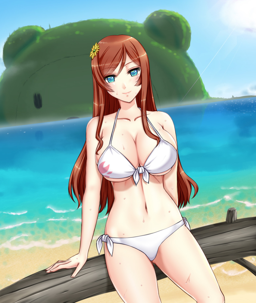 10s 1girl arm_support beach beargguy_iii bikini blue_eyes breasts brown_hair cleavage day dutch_angle female_focus flower front-tie_top gundam gundam_build_fighters gundam_build_fighters_try hair_flower hair_ornament highres kamiki_mirai large_breasts light_rays looking_at_viewer micro_bikini navel ocean outdoors ryuuzouji_usagi shore side-tie_bikini_bottom sitting skindentation smile solo strap_gap sun sunbeam sunlight swimsuit underboob water wet white_bikini