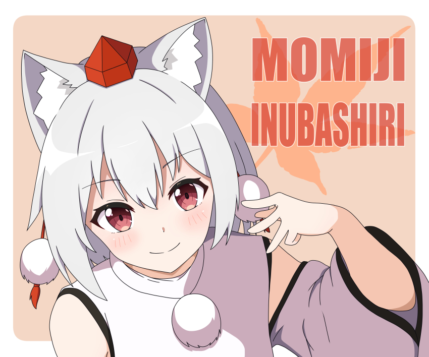 1girl absurdres animal_ear_fluff animal_ears arm_up black_trim border brown_eyes character_name closed_mouth commentary detached_sleeves double-parted_bangs from_above grey_hair hair_between_eyes hat highres inubashiri_momiji leaf light_blush long_sleeves looking_at_viewer maple_leaf orange_background pom_pom_(clothes) red_hat revision rounded_corners shirt smile solo split_mouth tokin_hat touhou tsukumo_charu upper_body white_border white_shirt wide_sleeves wolf_ears wolf_girl