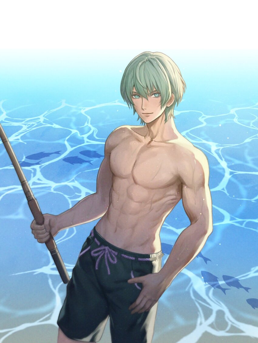 1boy abs arm_up black_male_swimwear black_swim_trunks closed_mouth collarbone commentary fire_emblem fire_emblem:_three_houses fishing_spear green_eyes green_hair groin highres holding holding_polearm holding_weapon looking_to_the_side male_byleth_(enlightened)_(fire_emblem) male_byleth_(fire_emblem) male_focus male_swimwear navel nintendo outdoors parted_bangs pectorals polearm sideways_glance smile solo swim_trunks toned toned_male topless_male water weapon wrainbow13