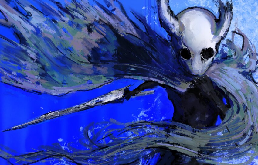 1other black_skin blue_background cape colored_skin cracked_mask facing_viewer grey_cape grey_cloak hand_up highres holding holding_sword holding_weapon hollow_eyes hollow_knight horned_mask knight_(hollow_knight) kyezzzz mask nail_(hollow_knight) solo sword torn_cape torn_clothes upper_body weapon white_mask