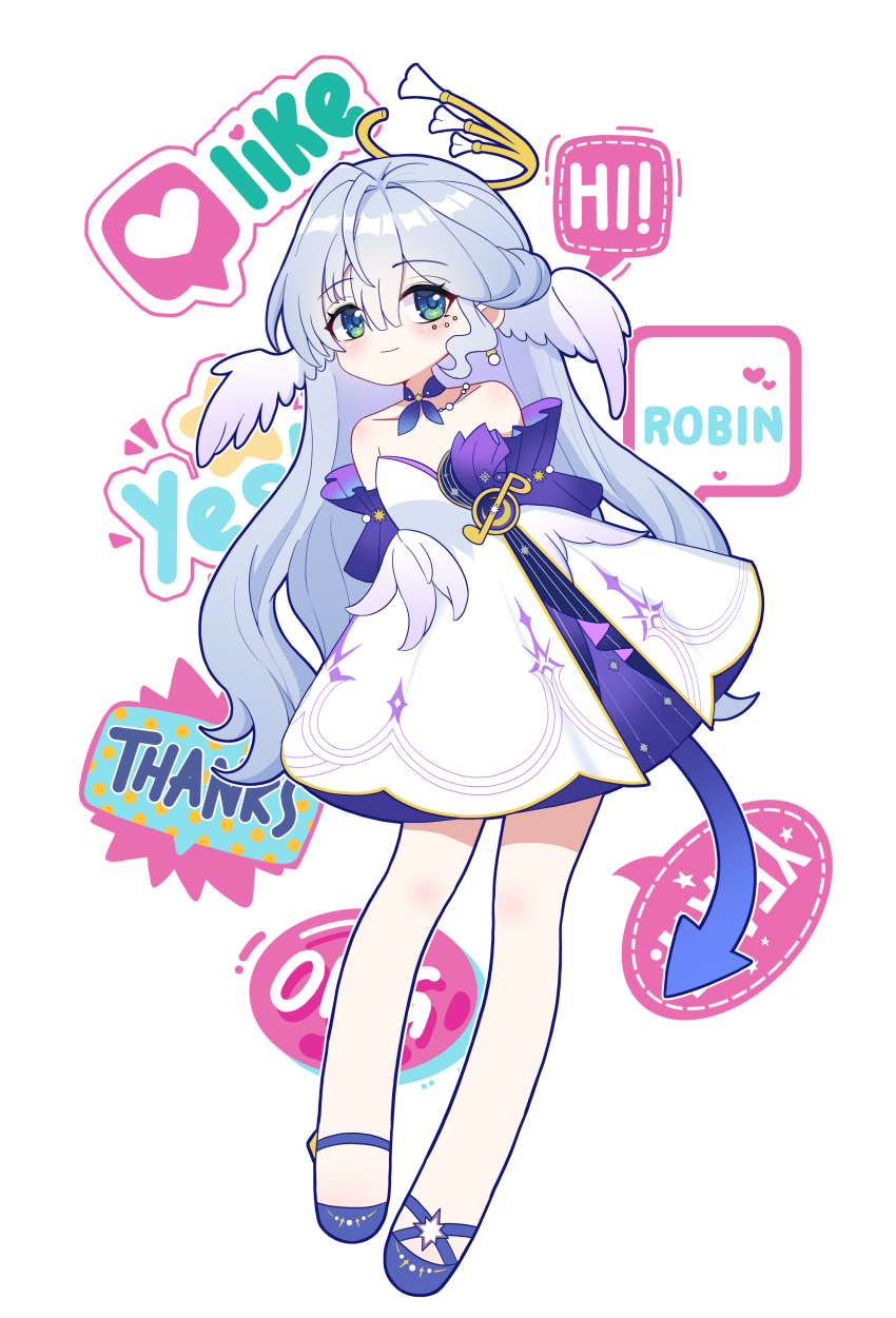 1girl absurdres arms_behind_back blue_footwear blue_hair breasts character_name chibi closed_mouth dress english_text eyebrows_hidden_by_hair ff2074 full_body green_eyes hair_between_eyes halo head_wings highres honkai:_star_rail honkai_(series) long_hair looking_at_viewer mole mole_under_eye purple_dress robin_(honkai:_star_rail) simple_background small_breasts smile solo speech_bubble strapless strapless_dress two-tone_dress very_long_hair white_background white_dress wings yellow_halo