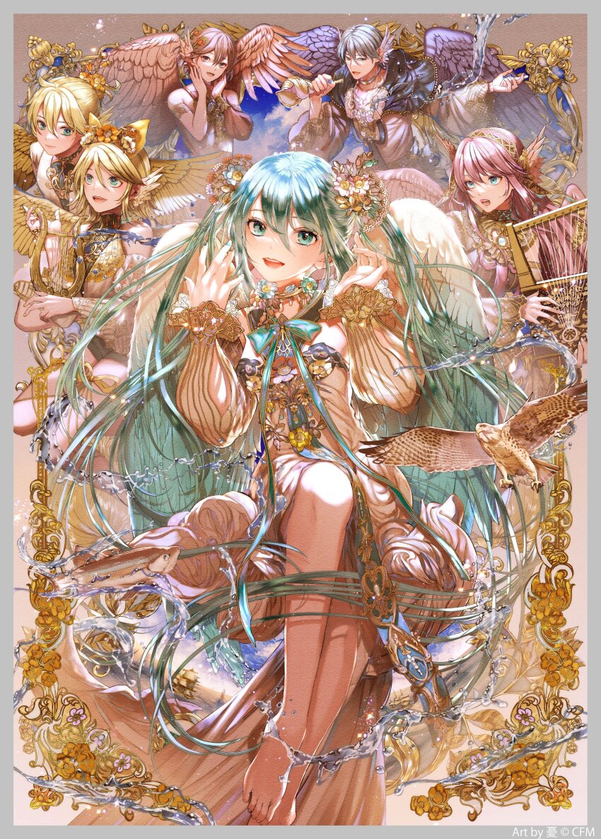 2boys 4girls absurdres angel_wings aqua_eyes aqua_hair aqua_nails aqua_ribbon aqua_wings artist_name bare_legs barefoot bird blonde_hair blue_capelet blue_flower blue_nails blue_wings border bow brown_background brown_hair capelet clothing_cutout commentary_request detached_sleeves dress eagle feather_hair_ornament feathered_wings feathers fingernails fish floating_hair flower front_slit gradient_wings grey_border hair_between_eyes hair_bow hair_flower hair_ornament hands_on_own_cheeks hands_on_own_face hands_up harp hatsune_miku hatsune_miku_happy_16th_birthday_-dear_creators- highres holding holding_instrument horns instrument kagamine_len kagamine_rin kaito_(vocaloid) legs_together light_particles long_dress long_sleeves looking_at_viewer megurine_luka meiko_(vocaloid) multicolored_wings multiple_boys multiple_girls neck_ribbon open_mouth orange_flower pink_wings puffy_long_sleeves puffy_sleeves red_flower red_wings ribbon second-party_source short_hair simple_background single_detached_sleeve single_horn straight_hair teeth twintails upper_teeth_only vocaloid water white_dress white_wings wide_sleeves wings yellow_bow yellow_wings yuu_(arcadia)