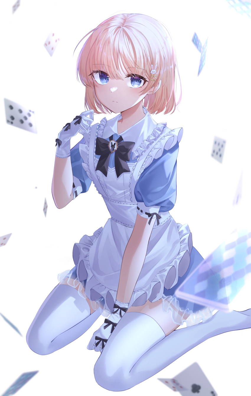 1girl absurdres alice&#039;s_adventures_in_wonderland alice_(alice_in_wonderland) apron arm_up between_legs black_bow black_bowtie blonde_hair blue_dress blue_eyes bow bowtie card closed_mouth dress floating_card frilled_apron frilled_dress frills full_body gloves hair_ornament hairclip hand_between_legs highres light_frown looking_at_viewer maid no_shoes playing_card rabbit_hair_ornament ribbon-trimmed_sleeves ribbon_trim short_hair short_sleeves simple_background sitting solo thighhighs wariza white_apron white_background white_gloves white_thighhighs x_hair_ornament yu_nyan_n zettai_ryouiki