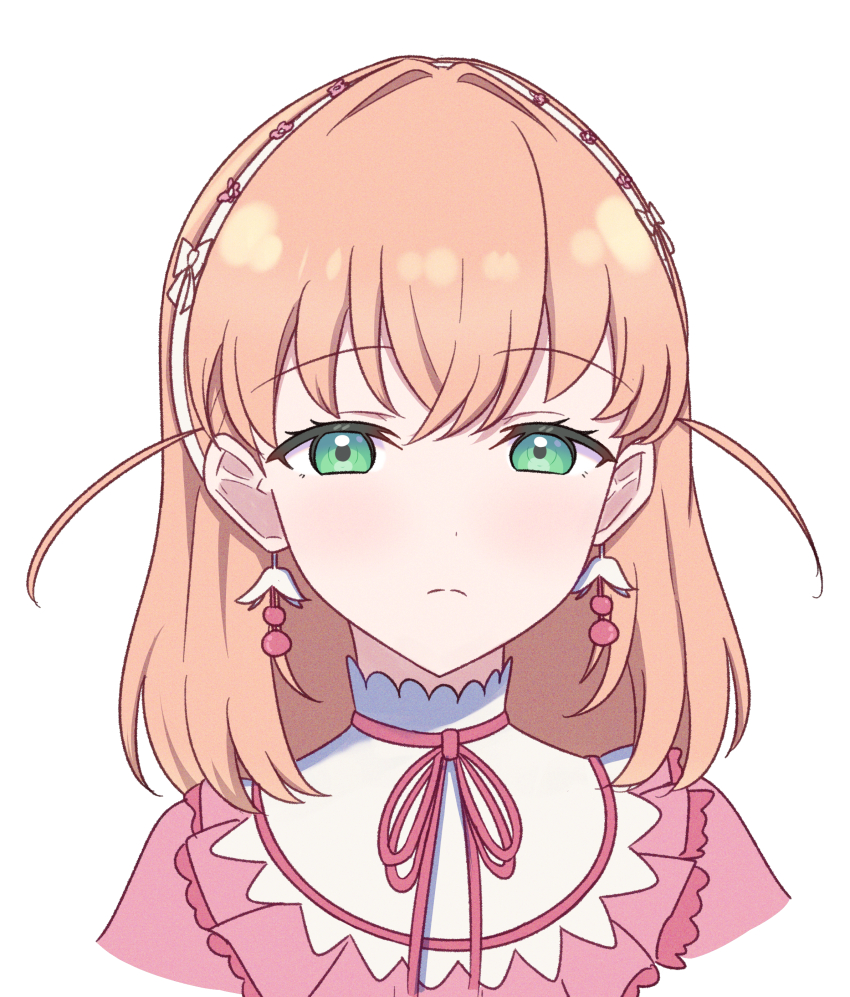 1girl absurdres aqua_eyes closed_mouth commentary_request cropped_torso crossed_bangs dress earrings flower_earrings frilled_dress frills frown half-closed_eyes highres hinoshita_kaho jealous jewelry link!_like!_love_live! looking_at_viewer love_live! medium_hair neck_ribbon orange_hair pink_dress pink_ribbon reason3_s reflection_in_the_mirror_(love_live!) ribbon simple_background solo split_mouth two_side_up virtual_youtuber white_background