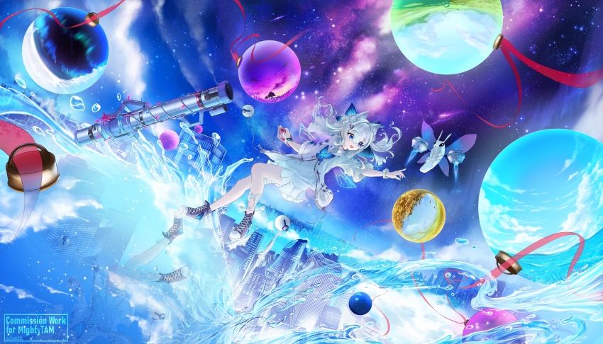 1girl absurdres animal_ear_fluff animal_ears blue_eyes bug butterfly_hair_ornament double_bun fur_trim goddess_of_victory:_nikke hair_between_eyes hair_bun hair_ornament highres long_hair looking_at_viewer n102_(miracle_fairy)_(nikke) n102_(nikke) official_alternate_costume open_mouth ribbon ronal_1710 smile solo twintails water white_hair