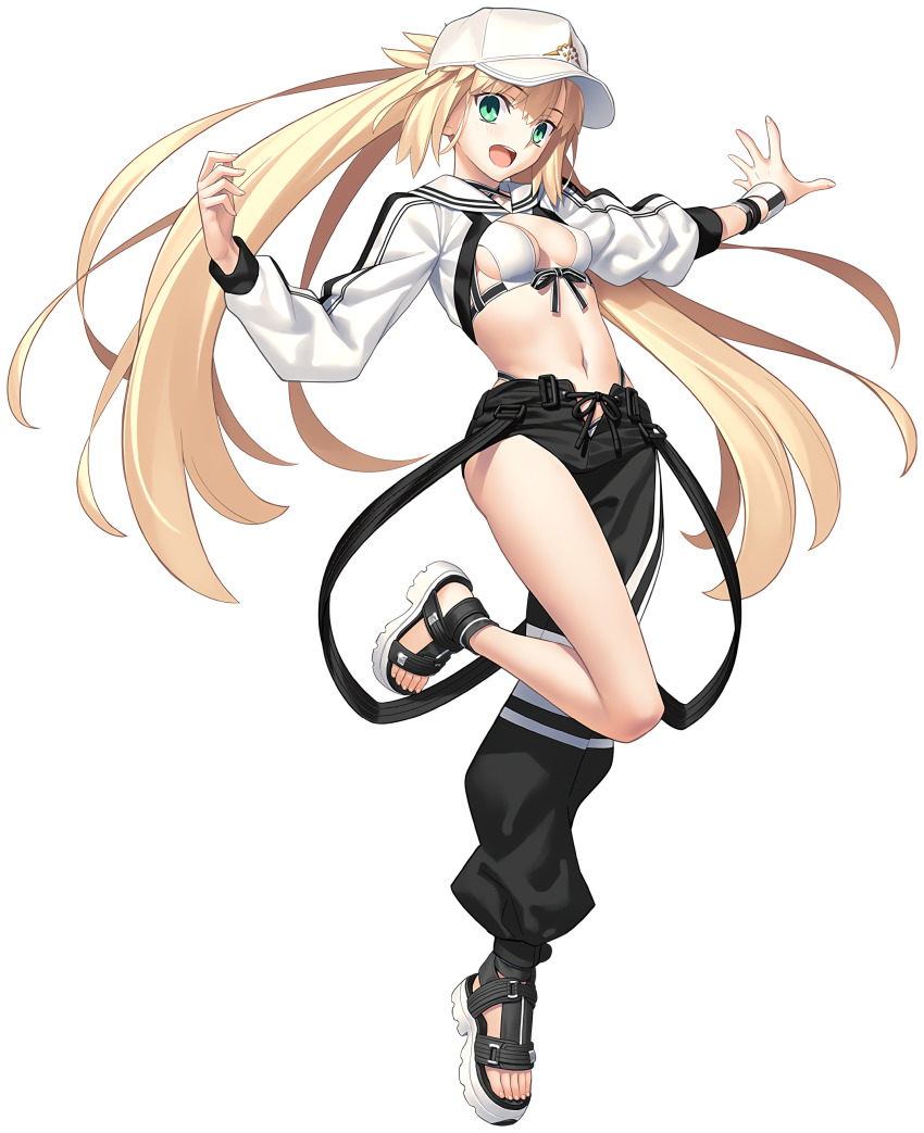 1girl absurdres artoria_caster_(fate) artoria_caster_(swimsuit)_(fate) artoria_pendragon_(fate) bikini bird black_footwear blonde_hair bracelet closed_mouth eagle fate/grand_order fate_(series) grass green_eyes hat highres jacket jewelry long_sleeves mob_cap official_art palm_tree pants sandals smile swimsuit takeuchi_takashi tree twintails white_headwear white_jacket