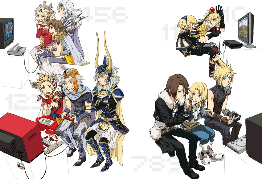 00s 1980s_(style) 1990s_(style) 2girls 6+boys arita_youko bartz_klauser cecil_harvey chocobo_world cloud_strife console dissidia_final_fantasy everyone famicom final_fantasy final_fantasy_i final_fantasy_ii final_fantasy_iii final_fantasy_iv final_fantasy_ix final_fantasy_v final_fantasy_vi final_fantasy_vii final_fantasy_viii final_fantasy_x final_fantasy_xi firion fusoya game_console golbez handheld_game_console highres meta multiple_boys multiple_girls nes nintendo_ds oldschool onion_knight pantyhose playing_games playstation_1 playstation_2 pocketstation retro_artstyle shantotto squall_leonhart super_famicom tarutaru tidus tina_branford video_game warrior_of_light_(ff1) zemus zidane_tribal