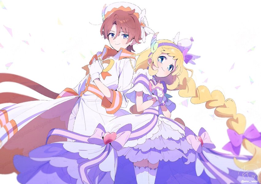 1boy 1girl blonde_hair blue_eyes blurry bow braid brown_hair circle_skirt coat cowboy_shot cure_friendy cure_friendy_(diamond_ribbon_style) depth_of_field dress egg_hair_ornament floating_hair food-themed_hair_ornament gloves hair_bow hair_ornament hairband hand_on_own_chest hat inukai_iroha long_coat long_hair looking_at_viewer magical_boy magical_girl pants paru_rari precure purple_eyes purple_skirt short_hair sidelocks simple_background skirt smile standing thighhighs toyama_satoru twin_braids very_long_hair white_background white_coat white_dress white_gloves white_thighhighs wonderful_precure! wrist_cuffs