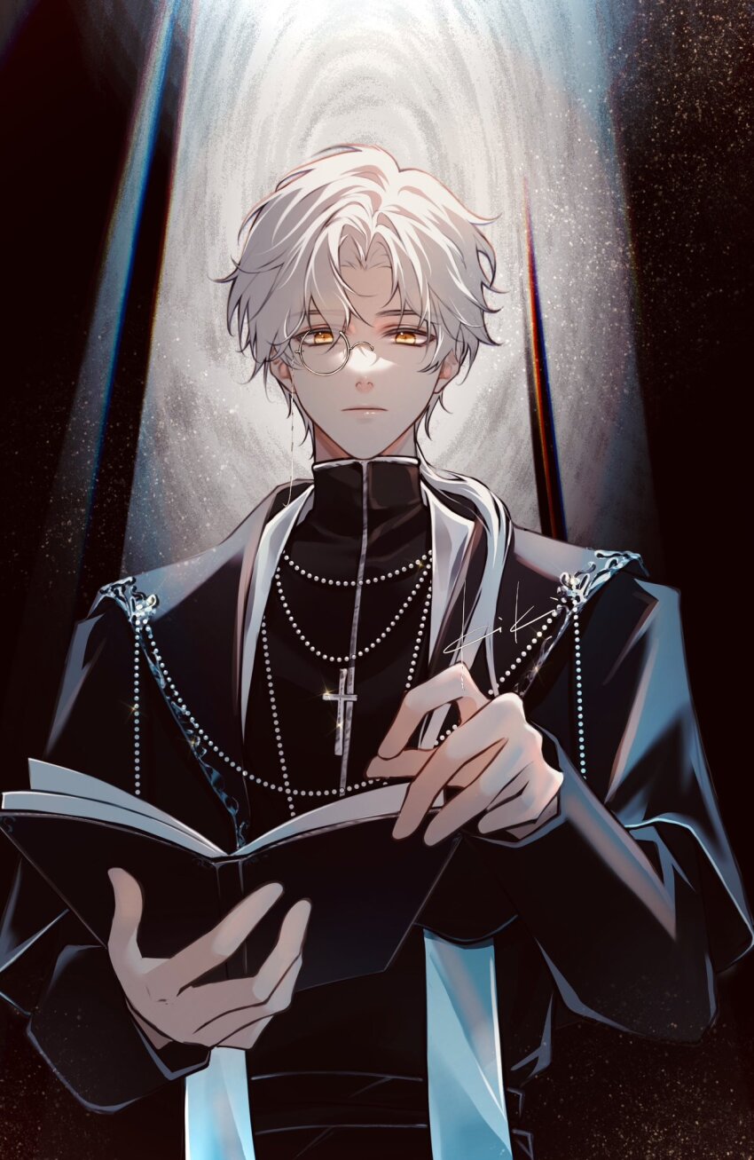 1boy black_robe book breasts closed_mouth commentary_request hair_between_eyes highres holding holding_book kikizhouu large_breasts long_sleeves looking_at_viewer male_focus open_book orange_eyes parted_bangs robe solo tears_of_themis upper_body vyn_richter_(tears_of_themis) white_hair