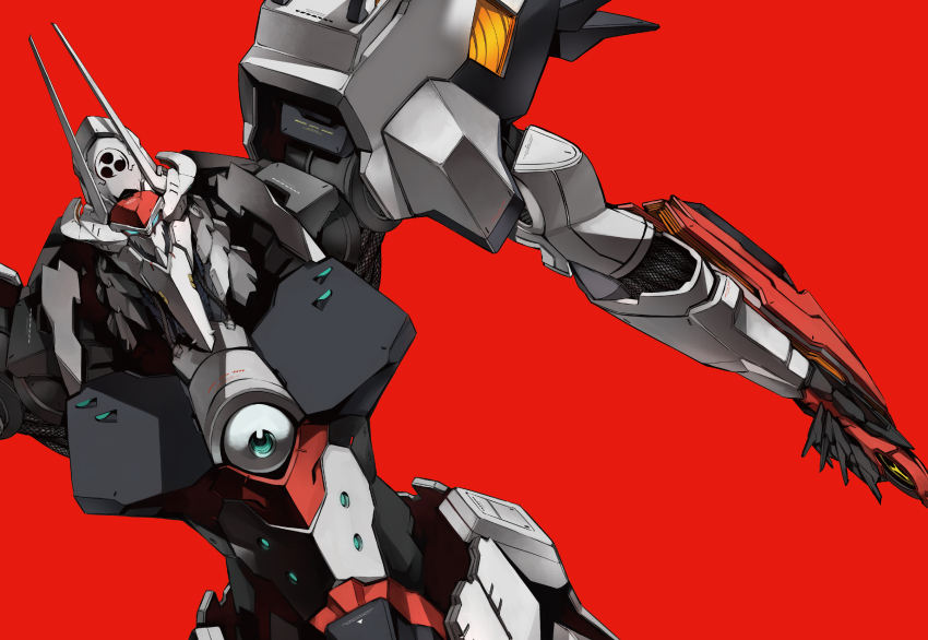 absurdres blue_eyes highres horns kurogane_no_linebarrel linebarrel mecha mitsudomoe_(shape) no_humans non-web_source red_background robot shimizu_eiichi shimoguchi_tomohiro solo tomoe_(symbol) upper_body