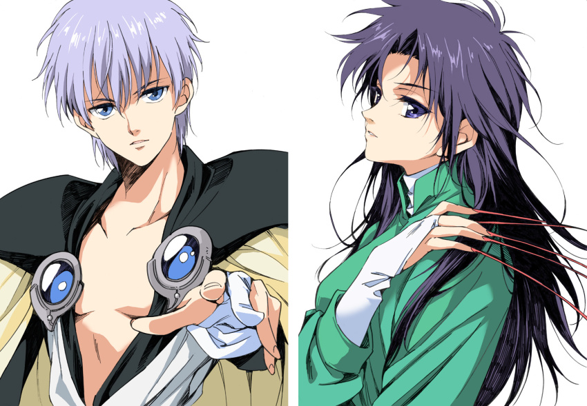 1boy 1girl agahari armor bastard!! bishounen black_hair black_shirt blue_eyes bridal_gauntlets cape closed_mouth collarbone commentary_request fingernails gloves green_shirt grey_hair hand_up kall_su long_hair looking_at_viewer open_clothes open_shirt parted_lips partially_fingerless_gloves pectoral_cleavage pectorals sharp_fingernails shella_e._lee shirt short_hair shoulder_armor simple_background upper_body very_long_fingernails white_background white_gloves yellow_cape