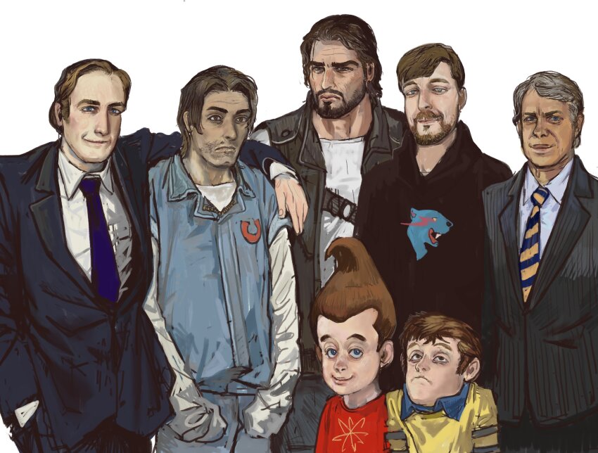 6+boys arm_on_another&#039;s_shoulder atom beard better_call_saul black_hoodie blue_eyes blue_jumpsuit blue_necktie blue_suit breaking_bad brown_eyes brown_facial_hair brown_hair child collared_shirt crutch diagonal-striped_clothes diagonal-striped_necktie facial_hair forehead formal_clothes grey_hair highres hood hoodie jacket jim_raynor jimmy_carter jimmy_neutron jimmy_neutron_(series) jimmy_valmer jumpsuit leather leather_jacket male_focus medium_hair mossacannibalis mrbeast multiple_boys mustache name_connection necktie real_life realistic red_shirt saul_goodman shirt smile south_park starcraft_ii striped_clothes stubble suit white_background white_undershirt