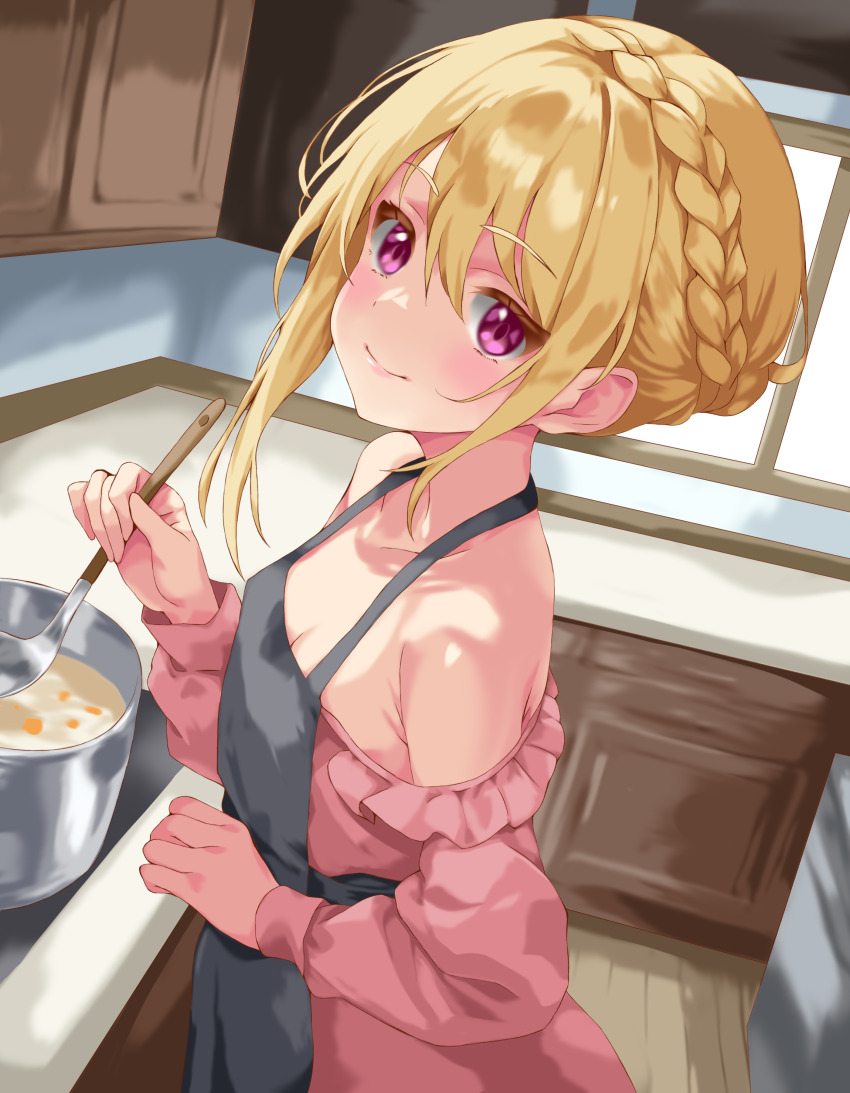 1girl absurdres aged_down angelica_rafa_redgrave apron bare_shoulders black_apron blonde_hair braid breasts cleavage closed_mouth commentary_request commission cooking_pot dress highres holding holding_ladle indoors iwato_(celler) kitchen ladle looking_at_viewer off-shoulder_dress off_shoulder otome_gee_sekai_wa_mob_ni_kibishii_sekai_desu pink_dress pink_eyes pixiv_commission sidelocks small_breasts smile solo
