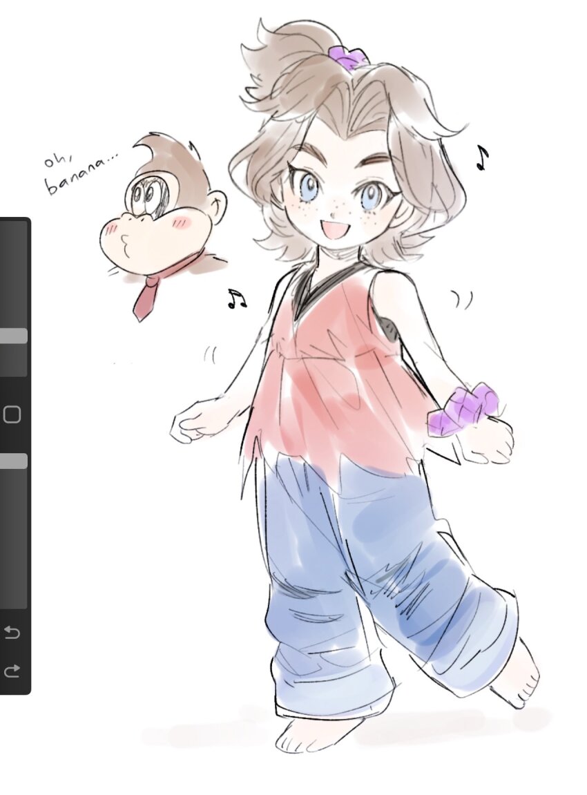 1boy 1girl art_tools_in_frame aubz barefoot blue_eyes blush brown_hair denim donkey_kong donkey_kong_(series) donkey_kong_bananza freckles full_body highres jeans looking_at_viewer musical_note nintendo pants pauline_(mario) pauline_(young)_(mario) scrunchie shirt sketch smile topknot torn_clothes torn_shirt