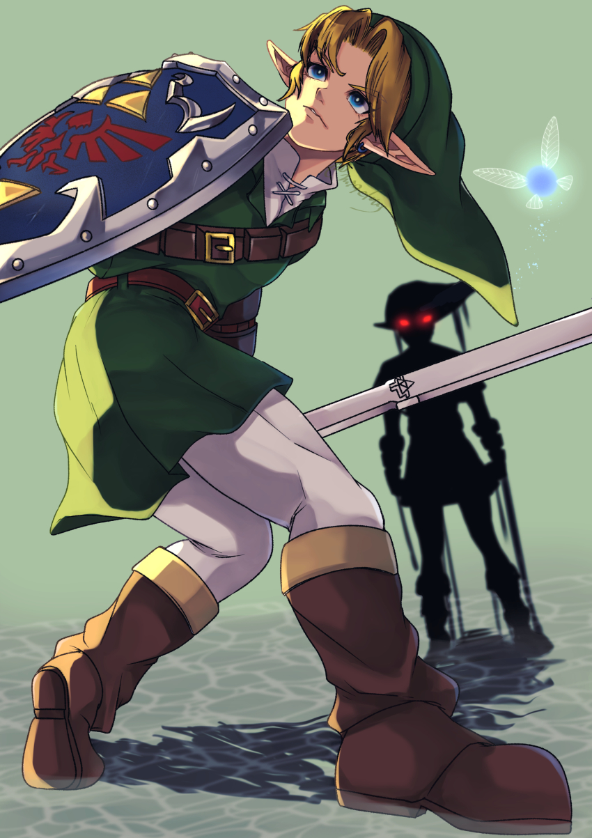 2boys absurdres belt blonde_hair blue_eyes boots brown_belt brown_footwear dark_link dual_persona fairy fighting_stance full_body furrowed_brow glowing glowing_eyes green_hat green_tunic hat highres holding holding_shield holding_sword holding_weapon link male_focus mi9clous multiple_boys navi nintendo pants parted_bangs parted_lips pointy_ears popped_collar red_eyes shield shirt short_hair sidelocks sword the_legend_of_zelda the_legend_of_zelda:_ocarina_of_time triforce tunic weapon white_pants white_shirt