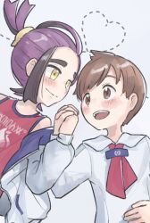  2boys black_hair blush brown_eyes brown_hair closed_mouth florian_(pokemon) heart holding_hands jacket kieran_(pokemon) long_sleeves looking_at_another male_focus mole mole_on_neck mtitp54 multiple_boys nintendo open_mouth pokemon pokemon_sv purple_hair red_tank_top short_hair smile tank_top teeth upper_teeth_only white_jacket 