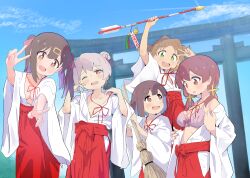  +_+ 5girls :d ;d absurdres alternate_costume arm_up arrow_(projectile) bamboo_broom bell black_hair blue_hair blue_sky blunt_bangs blunt_ends bow bow_bra bra breasts broom brown_eyes cleavage cloud collarbone colored_inner_hair commentary_request day double_bun double_v fang flat_chest glint green_eyes grey_hair hair_bun hair_intakes hair_ornament hair_ribbon hairclip hakama hakama_skirt hamaya highres hip_vent hozuki_momiji japanese_clothes jingle_bell kimono large_breasts long_hair long_sleeves looking_at_another looking_at_viewer low_twintails medium_breasts miko multicolored_hair multiple_girls murairamuraiari murosaki_miyo neck_ribbon no_bra off_shoulder ofuda oka_asahi one_eye_closed onii-chan_wa_oshimai! open_clothes open_kimono open_mouth orange_hair outdoors oyama_mahiro oyama_mihari pink_bra purple_hair red_hakama red_ribbon ribbon short_hair skirt sky smile torii twintails two_side_up underwear v white_kimono wide_sleeves 