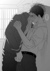 2boys against_wall black_hair blush cum glasses handjob hyuuga_junpei kiyoshi_teppei kuroko_no_basuke male_focus monochrome multiple_boys penis public_indecency school shiru_(pepeelotion) size_difference yaoi rating:Explicit score:21 user:harucho