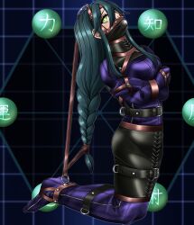  1girl arms_across_body bdsm belt belt_buckle bound bound_arms bound_legs braid buckle crossed_arms devil_summoner:_soul_hackers devil_summoner_(series) facebind_(megami_tensei) falalalalalalal gag_harness gagged genderswap genderswap_(mtf) green_eyes green_hair hair_bondage highres humanization legbinder long_hair looking_at_viewer neck_corset original posture_collar solo straitjacket very_long_hair 
