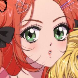  2girls blonde_hair chocolat_meilleure close-up fafaya green_eyes hair_ornament hairpin long_hair makeup mascara multiple_girls open_mouth orange_hair solo sugar_sugar_rune vanilla_mieux 