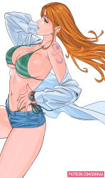  1girl arm_behind_head armpit_crease bangle bare_shoulders bikini bikini_under_clothes blue_shorts bracelet breasts cleavage commentary denim denim_shorts earrings feet_out_of_frame floating_hair from_side gold_earrings green_bikini hair_behind_ear halterneck hand_on_own_hip hand_up highleg highleg_bikini highres jewelry large_breasts lips log_pose long_hair long_sleeves nami_(one_piece) navel one_piece open_clothes open_shirt orange_eyes orange_hair parted_lips patreon_username pearl_earrings pink_lips profile shirt short_shorts shorts shoulder_tattoo side-tie_bikini_bottom simple_background single_sidelock solo stomach swimsuit symbol-only_commentary tattoo thighs uukkaa white_background white_shirt 