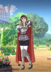  1girl absurdres armor ascot ashigara_(kancolle) ashigara_kai_ni_(kancolle) belt black_skirt blush breastplate brown_belt brown_eyes brown_hair bug butterfly cape castle commentary_request fantasy flower full_body gloves hair_between_eyes hairband hand_in_own_hair highres holding holding_sword holding_weapon insect jacket kantai_collection kuribouzu long_hair long_sleeves looking_at_viewer multicolored_ascot multicolored_neckerchief neckerchief one_eye_closed open_mouth pantyhose pencil_skirt print_neckerchief purple_jacket red_cape scenery shoulder_pads skirt smile solo sword tree wavy_hair weapon white_gloves white_hairband white_pantyhose 