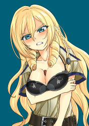  absurdres belt between_breasts blonde_hair blue_background blue_eyes blush braid breasts busou_shoujo_machiavellism cleavage clenched_teeth drill_hair hair_between_eyes highres holding_own_arm kikakujou_mary long_hair looking_at_viewer medium_breasts nakachiruno short_braid side_braid teeth 