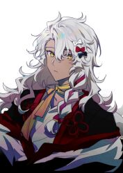  1boy alternate_costume black_bow bow braid choker closed_mouth commentary dark-skinned_male dark_skin eyes_visible_through_hair fate/grand_order fate_(series) flower_knot frown grey_hair hair_bow hair_ribbon long_hair looking_at_viewer male_focus multiple_hair_bows myg_8028 red_bow red_ribbon ribbon ribbon_choker side_braid simple_background solo solomon_(fate) symbol-only_commentary tress_ribbon upper_body white_background yellow_eyes yellow_ribbon 
